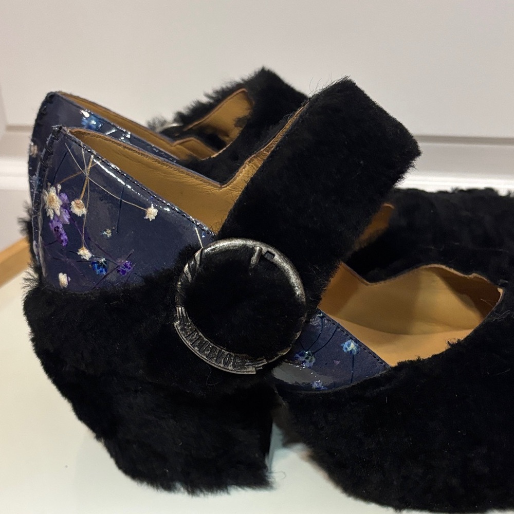 John Fluevog Floral Patent Shearling Prepare Leader platform heels NWOT